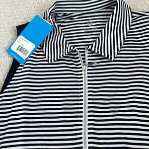 Golf top, navy and white stripes with front 1/4” zipper by GGblue luxe sport